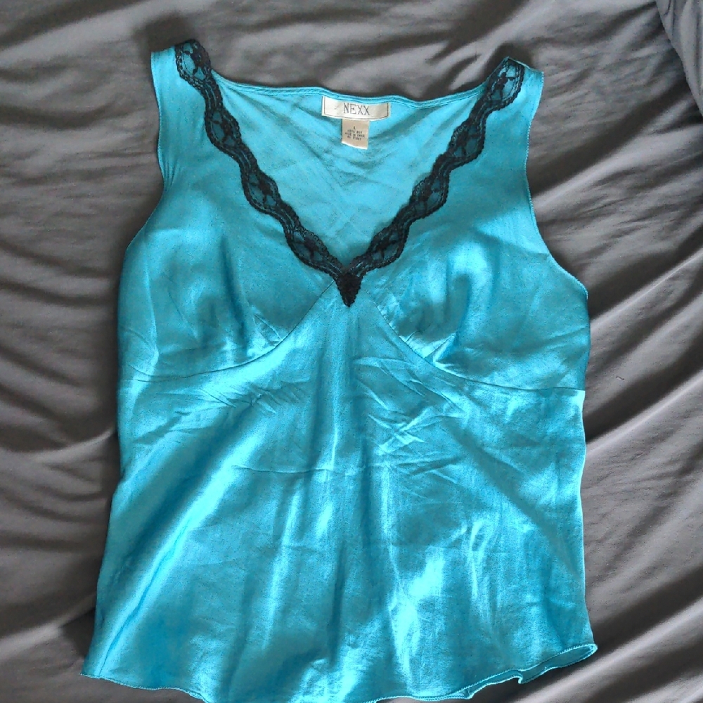 Nexx Turquoise 100% Silk Camisole Blouse with Black Lace V Neck
